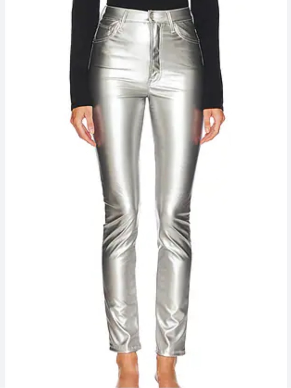 NWT MOTHER The High Waisted Rail Skimp Jeans Silver Dagger Faux Leather Metallic